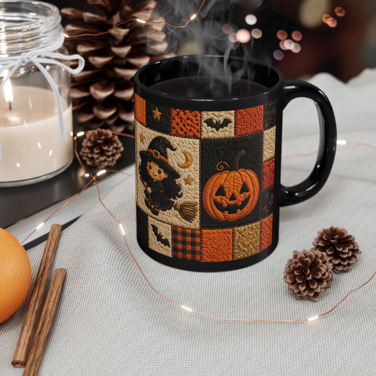 Quilted Halloween Mug – Cute Witch & Black Cat Coffee Cup | Black 11 oz & 15 oz