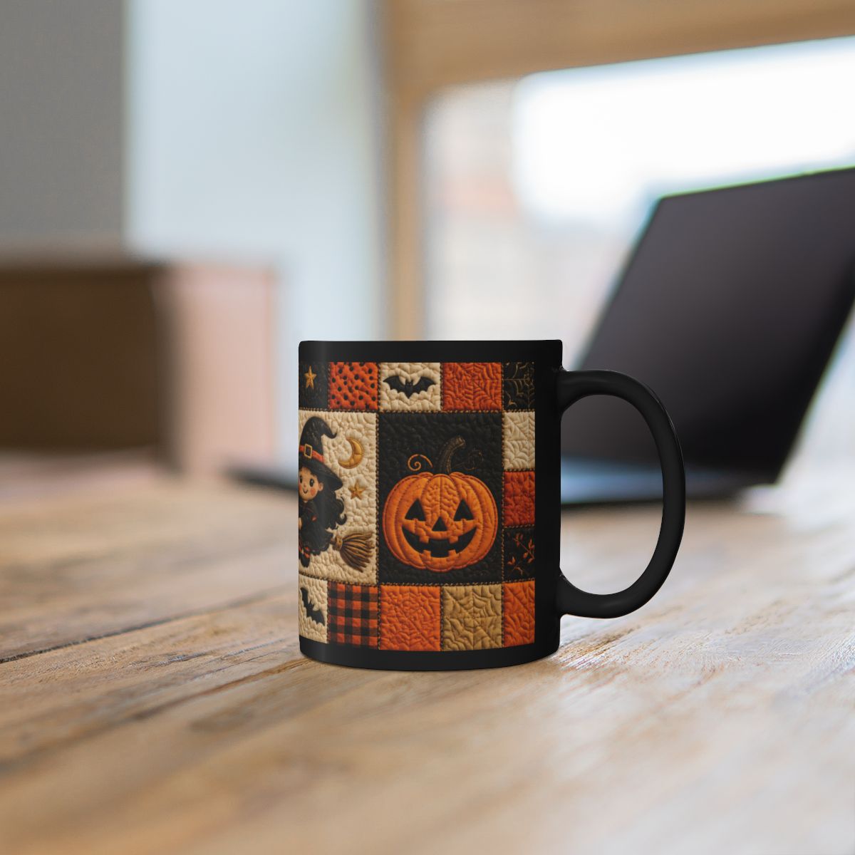Quilted Halloween Mug – Cute Witch & Black Cat Coffee Cup | Black 11 oz & 15 oz