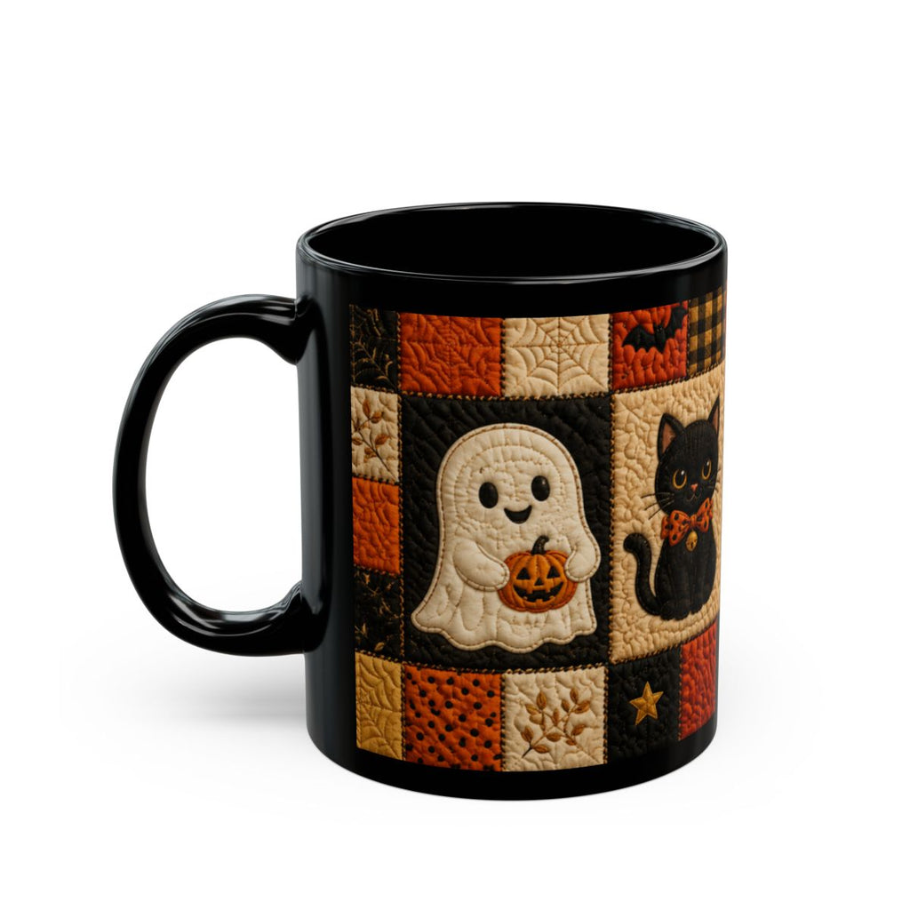 Quilted Halloween Mug – Cute Witch & Black Cat Coffee Cup | Black 11 oz & 15 oz
