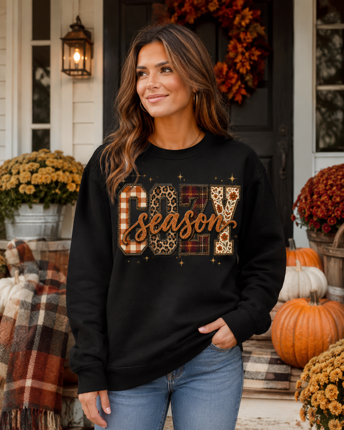 Cozy Season Sweatshirt – Plaid, Leopard & Pumpkin Fall Crewneck