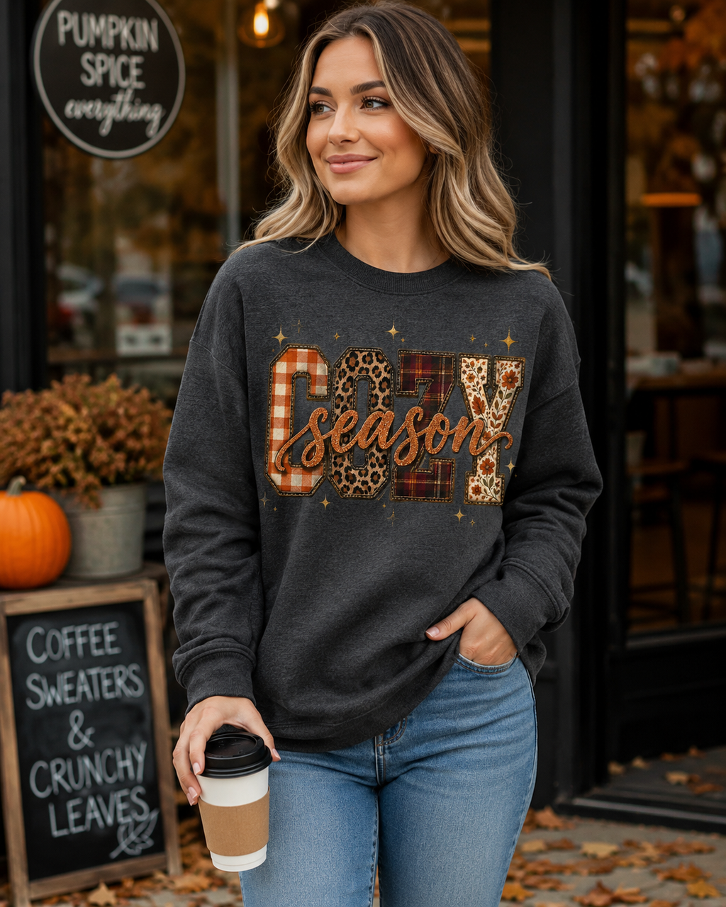 Cozy Season Sweatshirt – Plaid, Leopard & Pumpkin Fall Crewneck