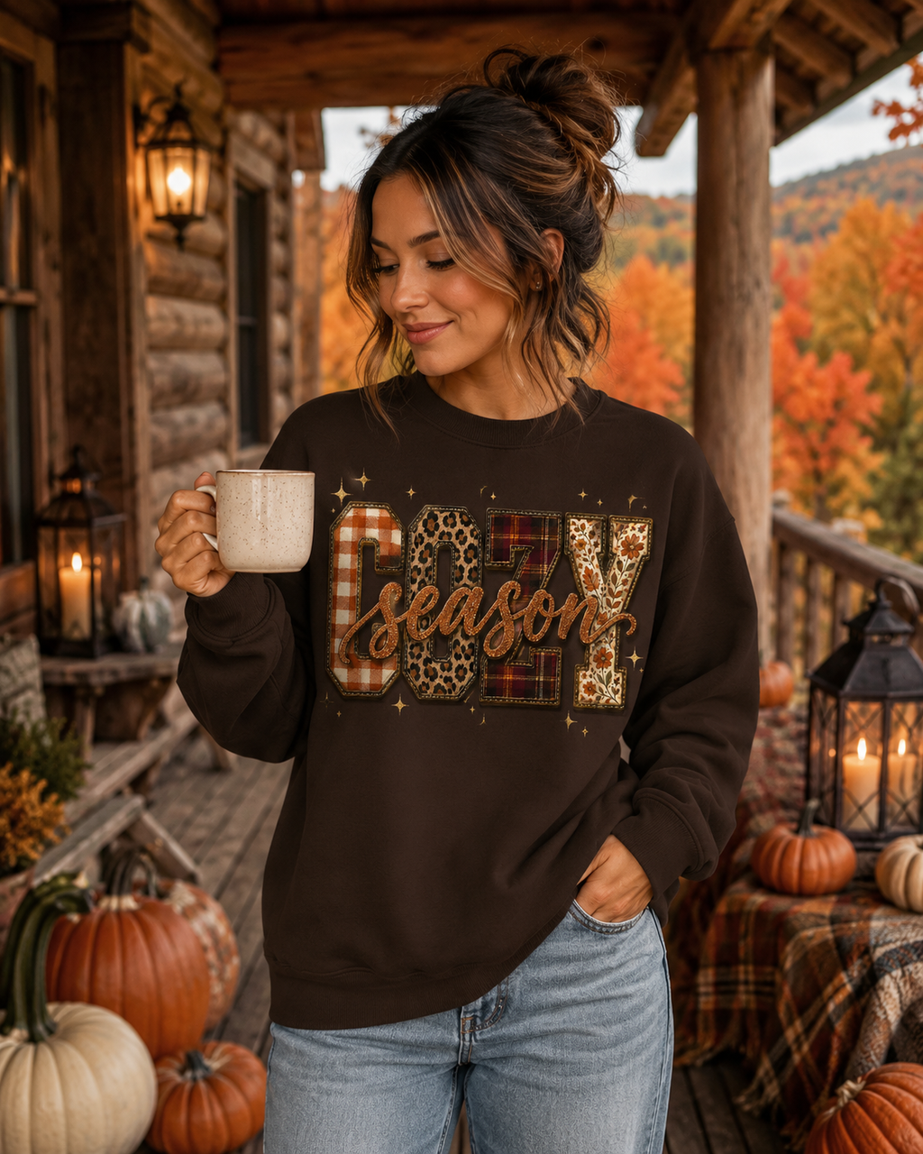 Cozy Season Sweatshirt – Plaid, Leopard & Pumpkin Fall Crewneck