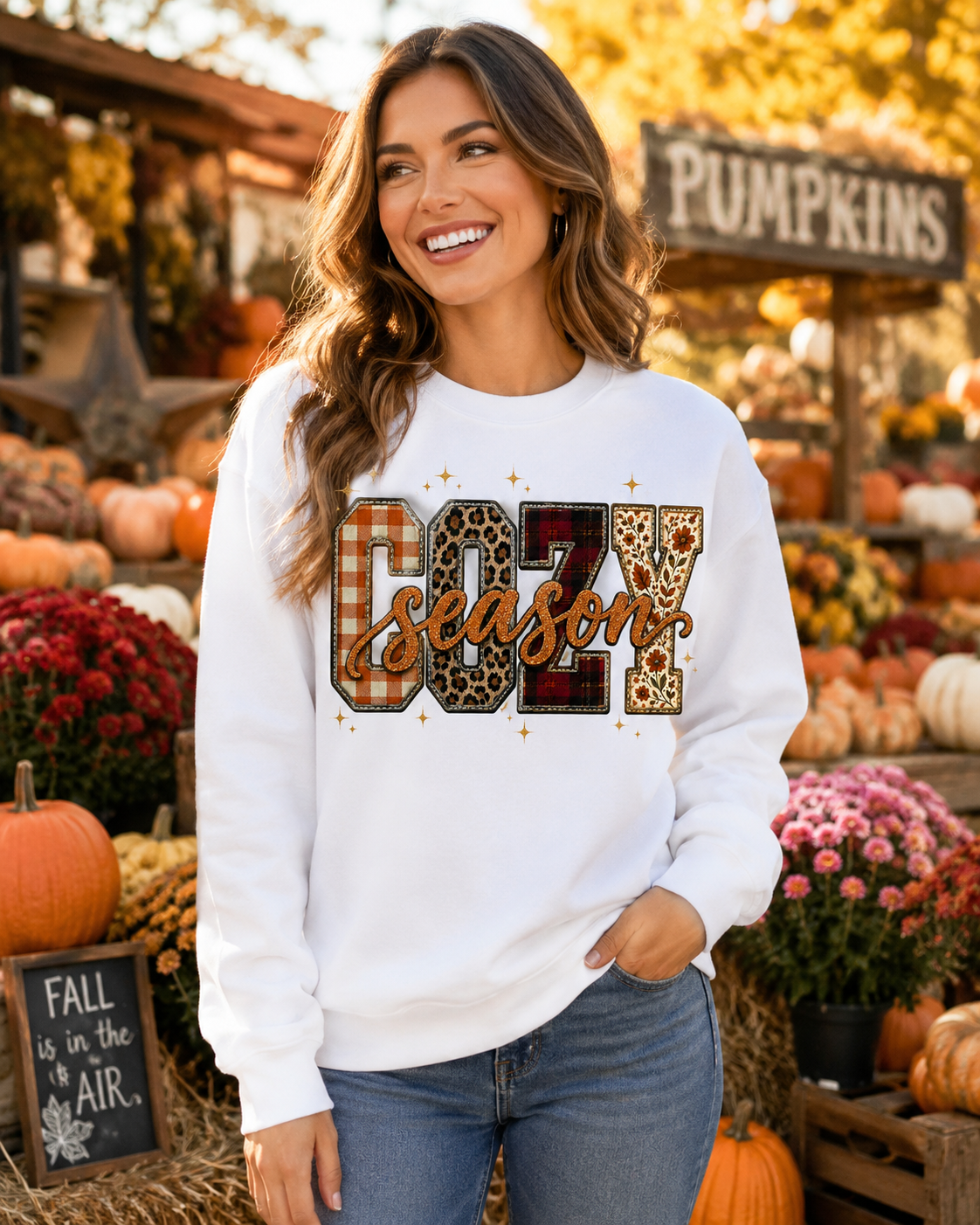 Cozy Season Sweatshirt – Plaid, Leopard & Pumpkin Fall Crewneck
