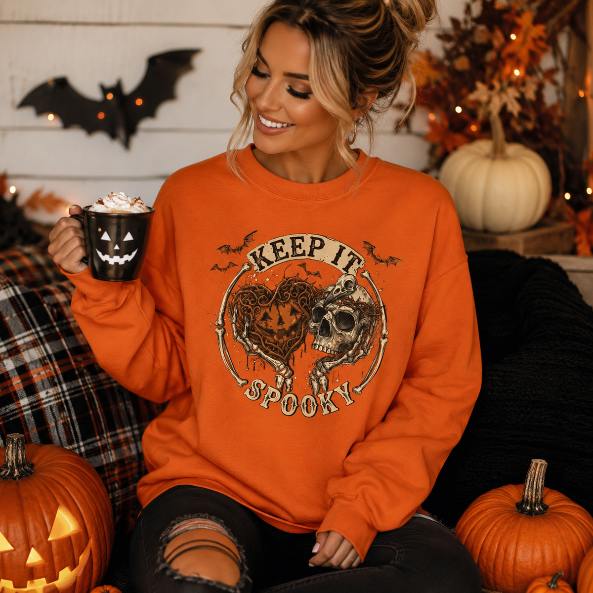 Keep It Spooky Halloween Crewneck Sweatshirt | Vintage Skeleton & Pumpkin Graphic PulloverUnisex Crewneck Sweatshirt