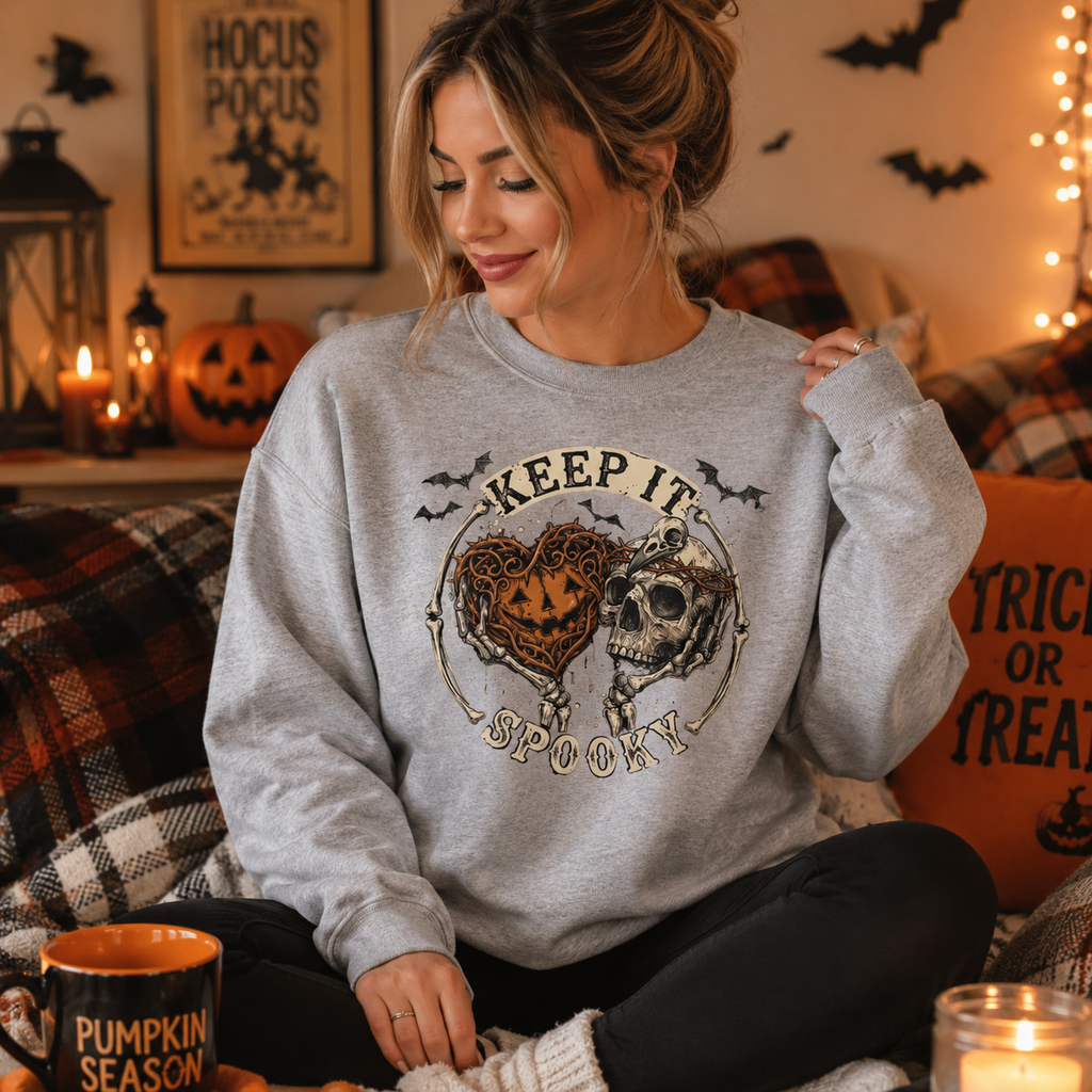 Keep It Spooky Halloween Crewneck Sweatshirt | Vintage Skeleton & Pumpkin Graphic PulloverUnisex Crewneck Sweatshirt